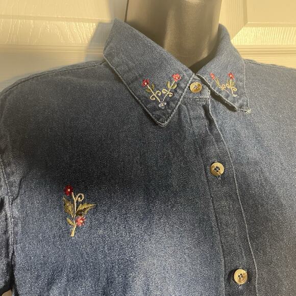 Vintage Y2K Deranged Shirt Women Large Blue Denim Embroidered Floral Button Up - Picture 3 of 10
